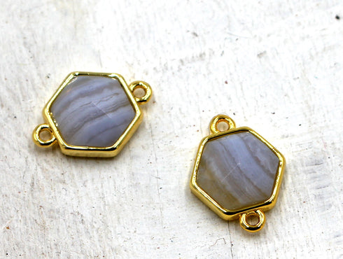 Blue Chalcedony Faceted Hexagon Brass Connector, 11mm × 12mm, Sold As 1 Piece.